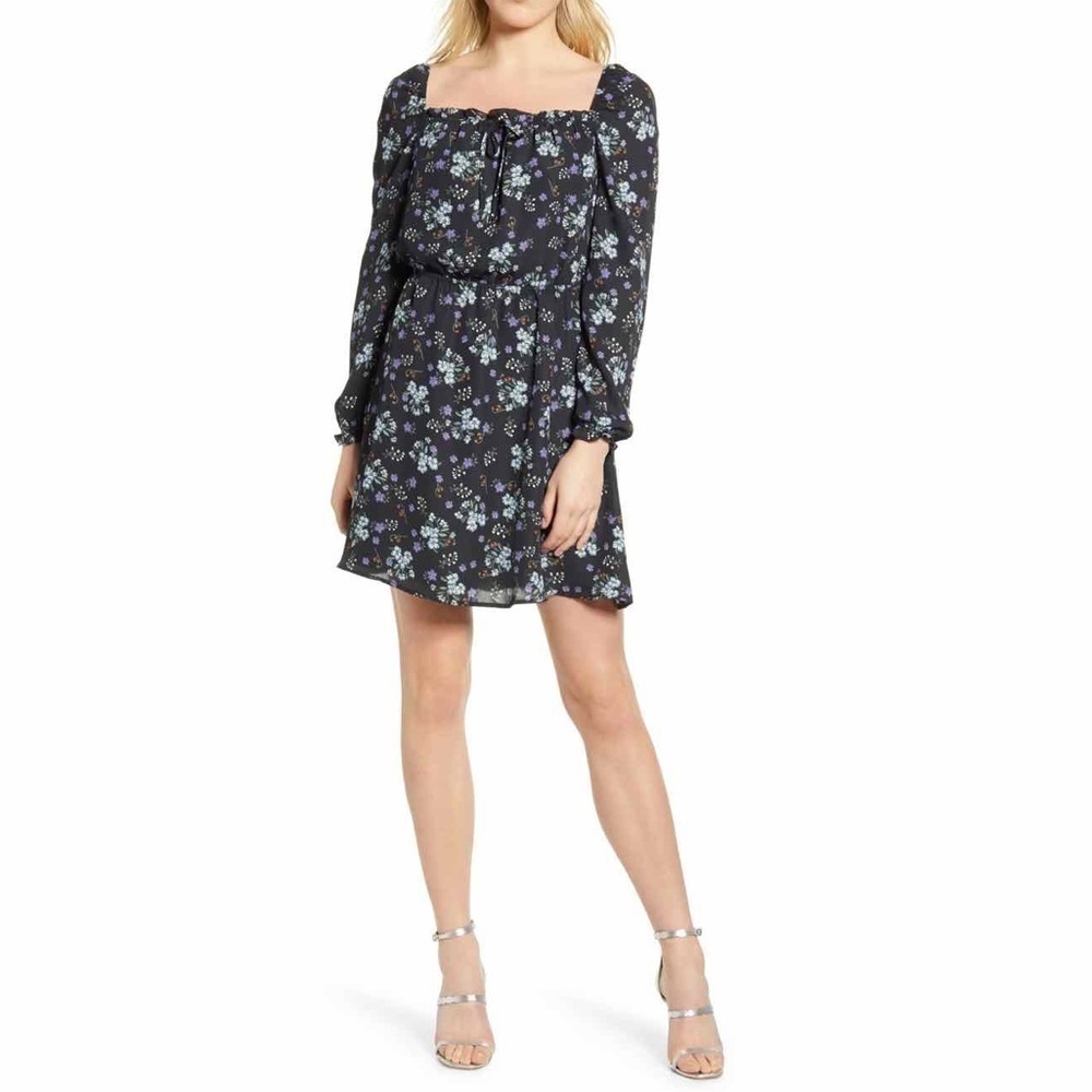 Cupcakes and Cashmere Elsie Floral Print Mini Dress Navy Blue Long Sleeve S